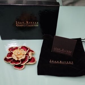 Joan Rivers Classics Collection Red Crystal Flower Brooch Gold Tone Pave Stones